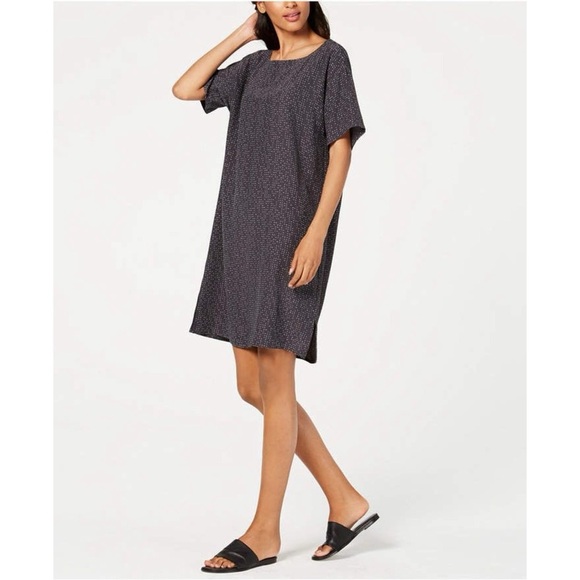 EILEEN FISHER TENCEL MORSE CODE GRAPHITE SHIFT DRESS SZ S - Picture 1 of 8